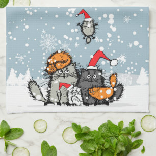 Cat family portrait in the snow kitchen towel