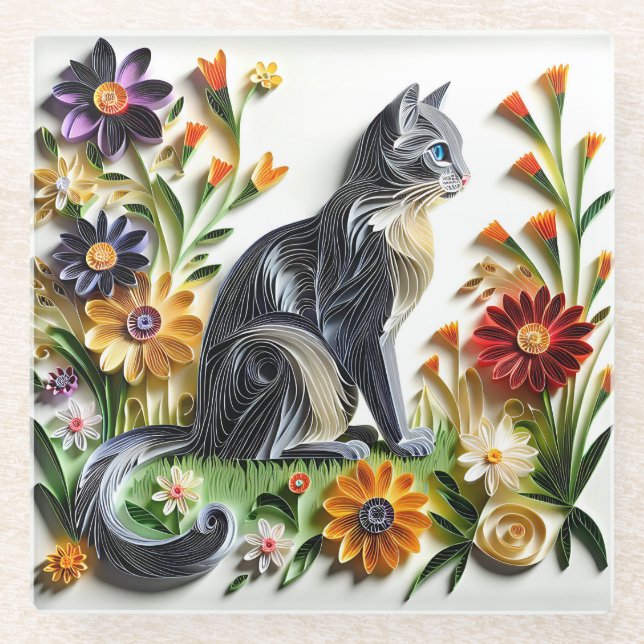 Cat Faux Paper Quilling Cat and Flowers Glass Coaster (Front)