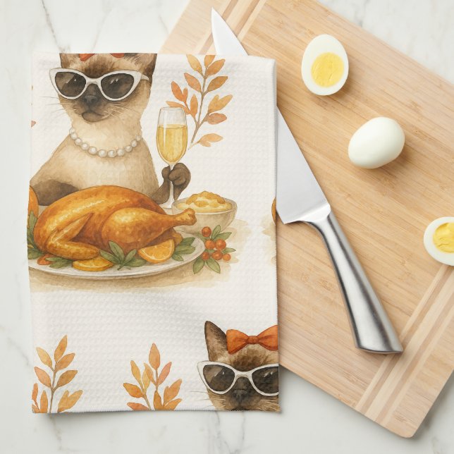 Cat female having Turkey Thanksgiving Kitchen Towel (Quarter Fold)