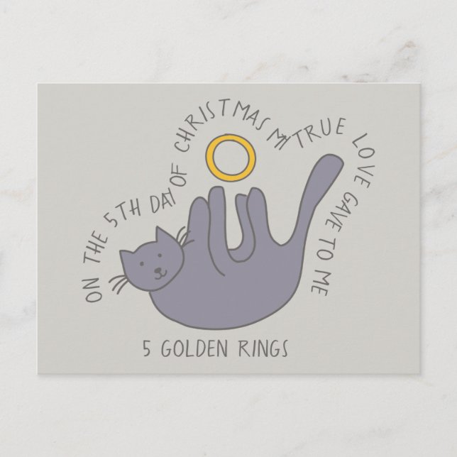 Cat Fifth Day 5 Golden Rings Christmas Postcard (Front)