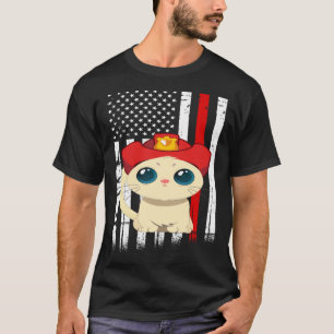 Cat Firefighter American Flag Thin Red Line Patrio T-Shirt