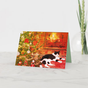 Cat Fireplace fire burning Christmas tree ornament Holiday Card