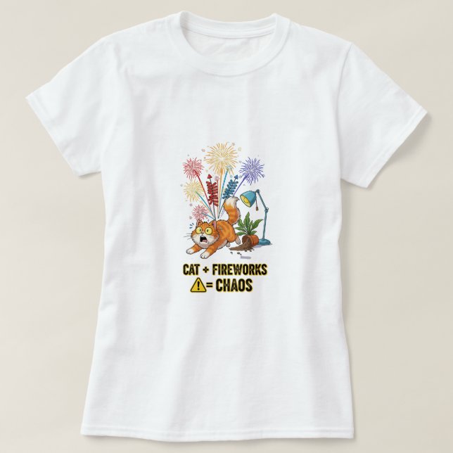 Cat + Fireworks = Chaos – Funny Cat Owner T-Shirt (Design Front)