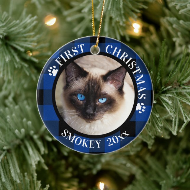 Cat First Christmas 2-Photo Blue and Black Plaid Ceramic Ornament (Tree)