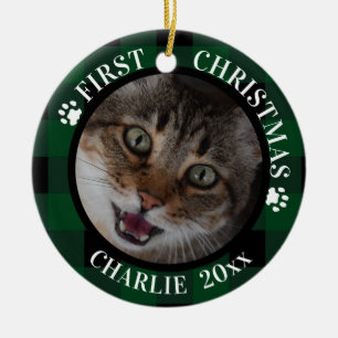 Cat First Christmas 2-Photo Green and Black Plaid Ceramic Ornament