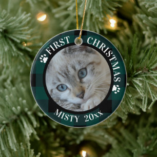 Cat First Christmas 2-Photo Teal and Black Plaid Ceramic Ornament