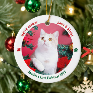 Cat First Christmas Custom 2 Photo Pet Ceramic Ornament