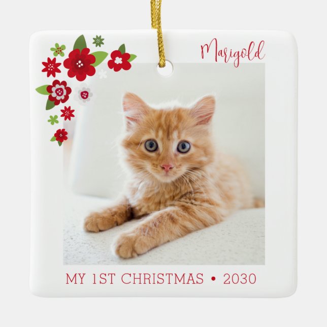 Cat First Christmas Photo Ceramic Ornament (Front)