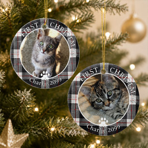 Cat First Christmas Photo Plaid Keepsake Ceramic Ornament