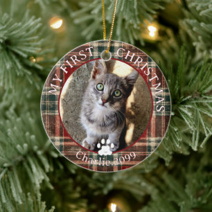 Cat First Christmas Photo Red Green Plaid Keepsake Ceramic Ornament