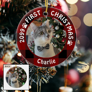 Cat FIRST CHRISTMAS Red Buffalo Plaid 2 Photo Ceramic Ornament