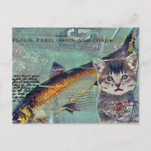Cat Fish Mixed Media Collage Postcard