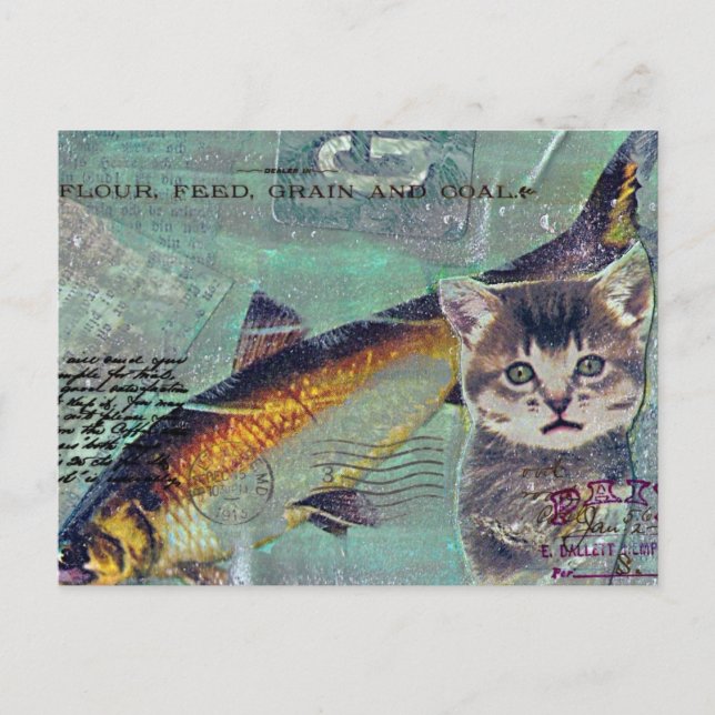 Cat Fish Mixed Media Collage Postcard (Front)
