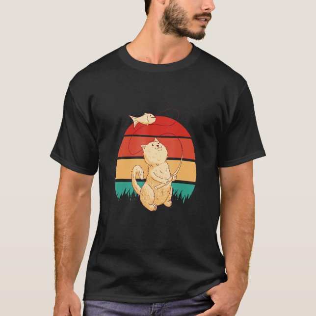 Cat Fishing A Fish At Sunset T-Shirt (Front)