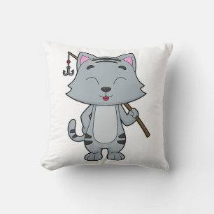 Cat Fishing Fisher Finshing rod Throw Pillow