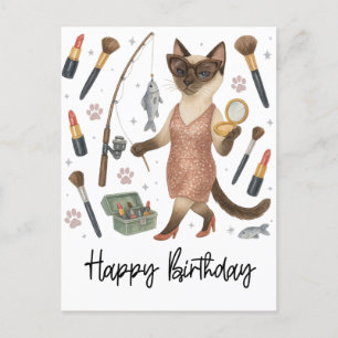 Cat Fishing Lovers drinking Coffee Birthday  Postcard