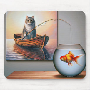 Cat Fishing Painting With Goldfish Mouse Pad