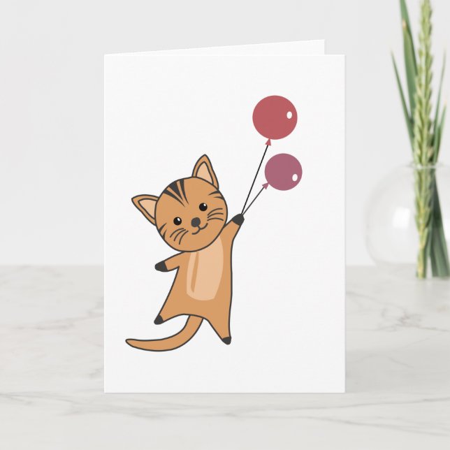 Cat Flies Up With Balloons Cute Animals Card (Front)