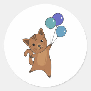 Cat Flies Up With Colourful Balloons Classic Round Sticker