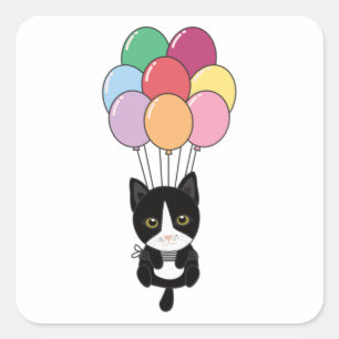 Cat Flies Up With Colourful Balloons Square Sticker