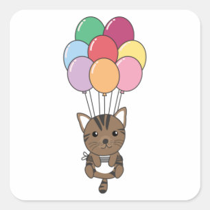 Cat Flies Up With Colourful Balloons Square Sticker