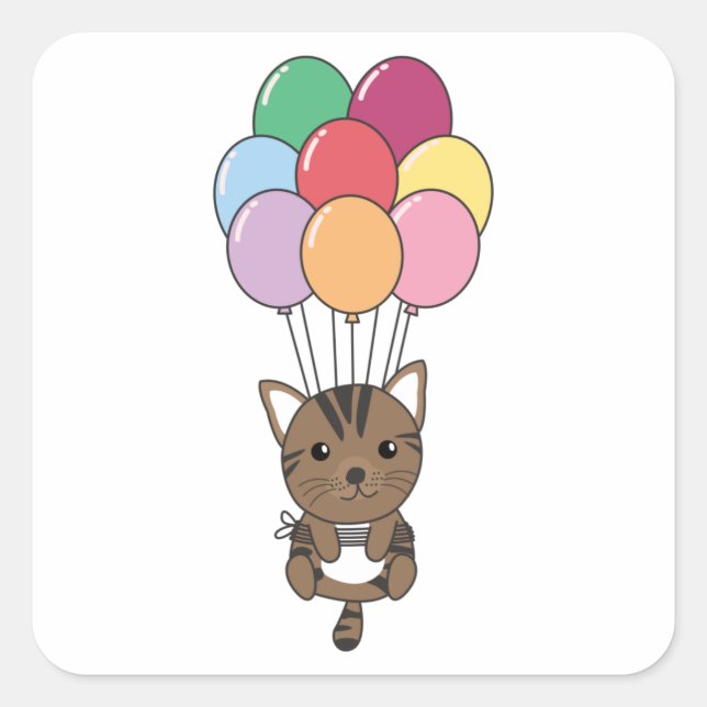 Cat Flies Up With Colourful Balloons Square Sticker (Front)