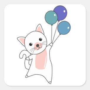 Cat Flies Up With Colourful Balloons Square Sticker