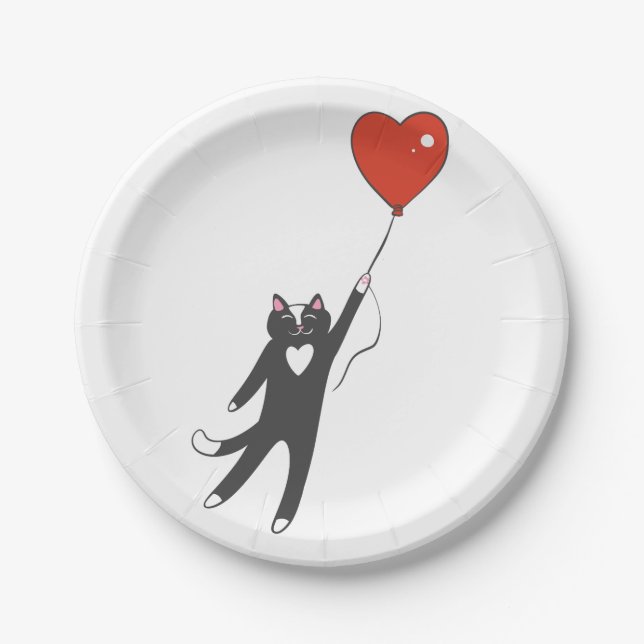 Cat floating tied to a balloon - Choose back colou Paper Plate (Front)