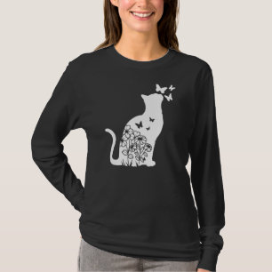 Cat  Floral Butterfly Flowers Women Girls Cat Mom  T-Shirt