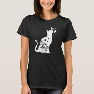 Cat  Floral Butterfly Flowers Women Girls Cat Mom  T-Shirt