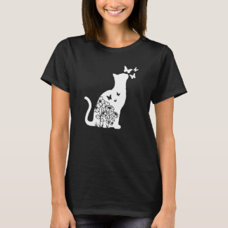 Cat  Floral Butterfly Flowers Women Girls Cat Mom  T-Shirt