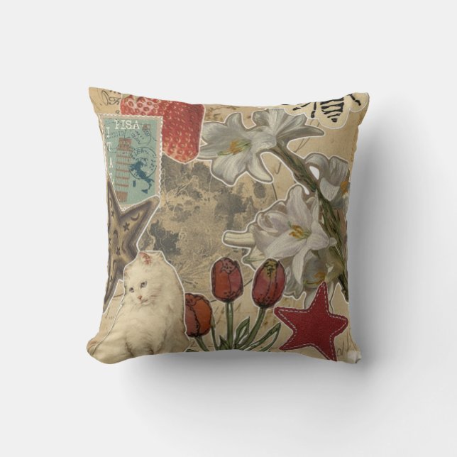 Cat Floral Collage Pattern – Cute Artistic Design Throw Pillow (Front)