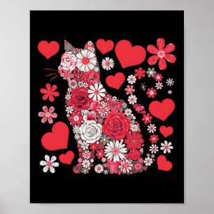 Cat Floral Hearts Romantic Valentine Day For Kids Poster