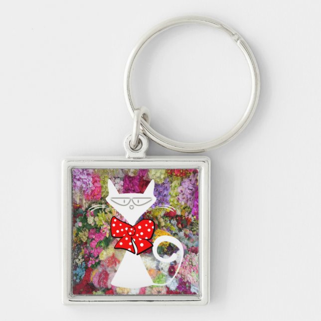 Cat Floral Red Bow Tie Key Chain! Keychain (Front)