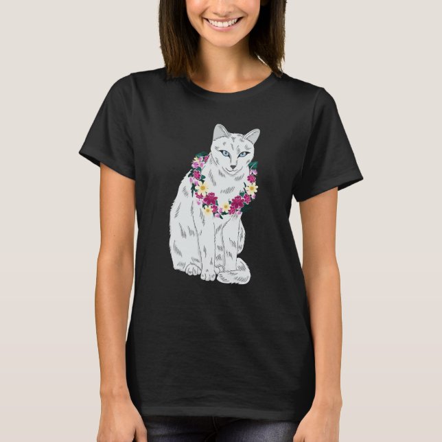 Cat Flower Kitten roses Cats Cute White Cat T-Shirt (Front)