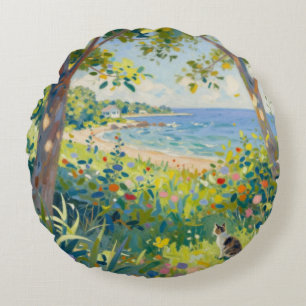 Cat Flowers And Sea Round Pillow