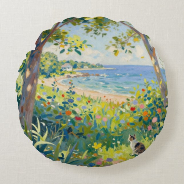 Cat Flowers And Sea Round Pillow (Front)