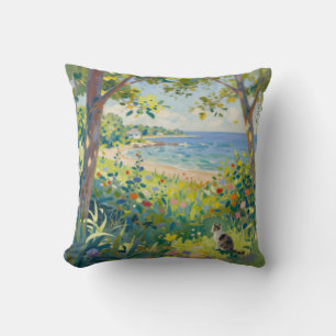 Cat Flowers And Sea Throw Pillow