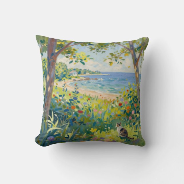 Cat Flowers And Sea Throw Pillow (Front)