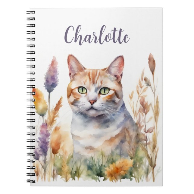 Cat Flowers Watercolor Add Name Lavender Orange Notebook (Front)
