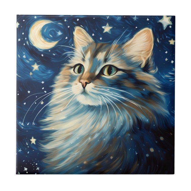 Cat fluffy art in night tile (Front)
