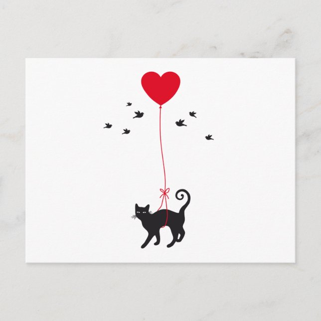 cat flying with red heart balloon and birds postcard (Front)