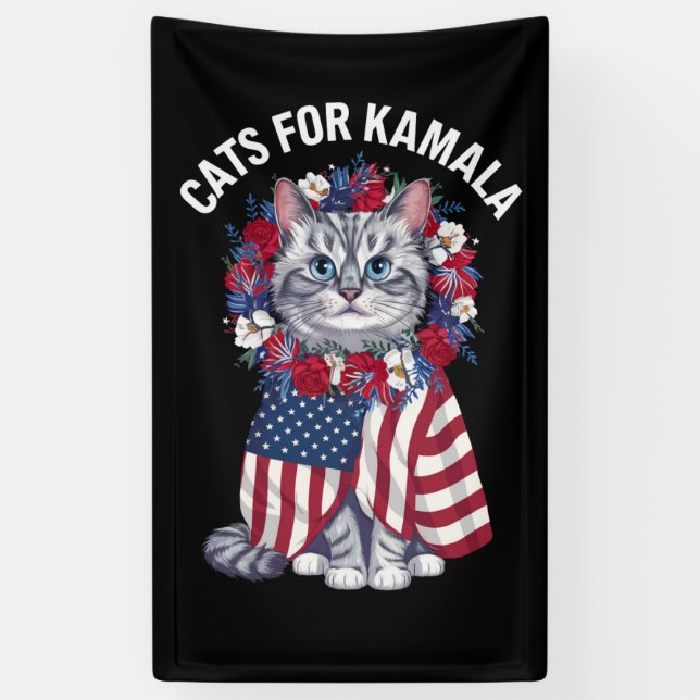 Cat For Kamala Cat Flowers American USA Flag 2024  Banner (Vertical)