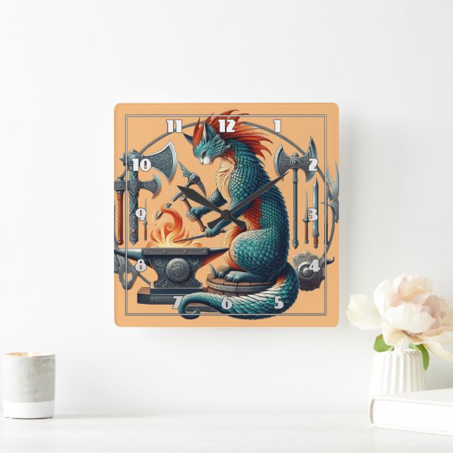 Cat Forging Weapons at a Medieval Anvil Square Wall Clock (Home)