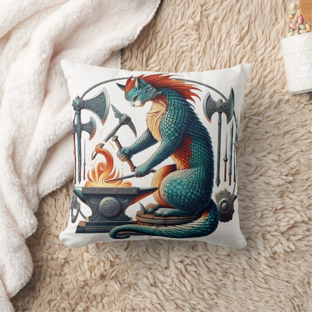 Cat Forging Weapons at a Medieval Anvil Throw Pillow (Blanket)