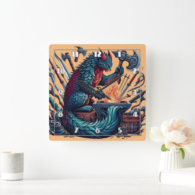 Cat Forging Weapons in an Enchanted Workshop Square Wall Clock (Home)