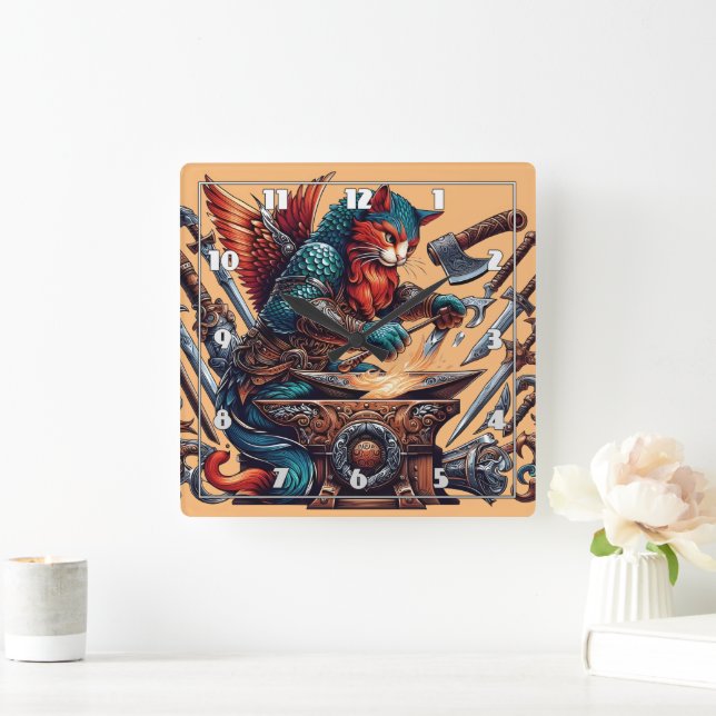 Cat Forging Weapons in Fantasy Workshop Square Wall Clock (Home)