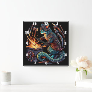 Cat Forging Weapons in Stylish Armour Square Wall Clock