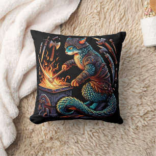 Cat Forging Weapons in Stylish Armour Throw Pillow