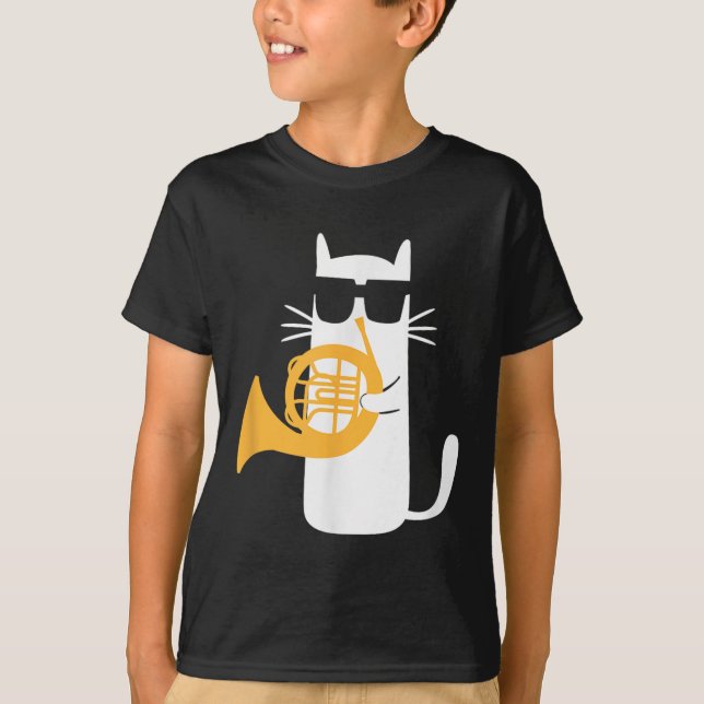 Cat French Horn Funny Cat Lover  T-Shirt (Front)